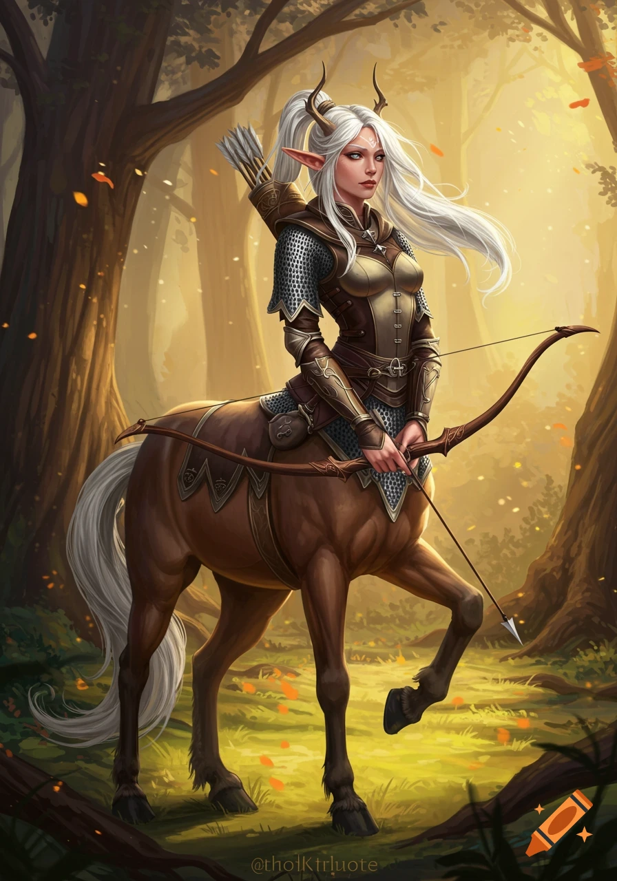 A female centaur archer with silvery hair stands in a forest with a bow.