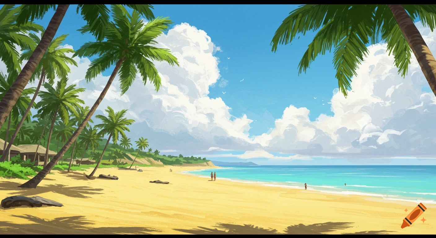 A stylized painting of a sunny tropical beach with many palm trees, white clouds, blue water, and a few people on the sand.