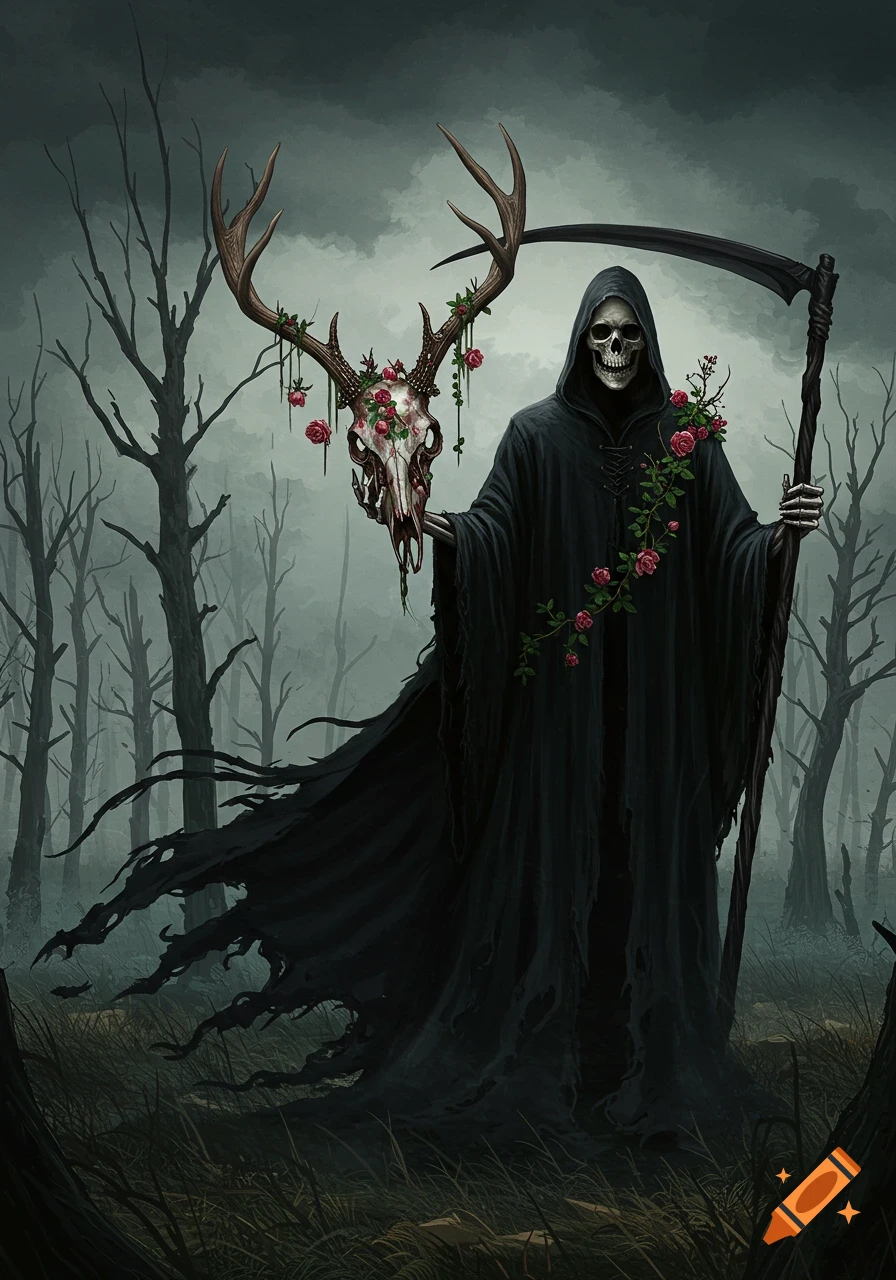 Grim Reaper figure holds a deer skull with roses in a dark, spooky forest.