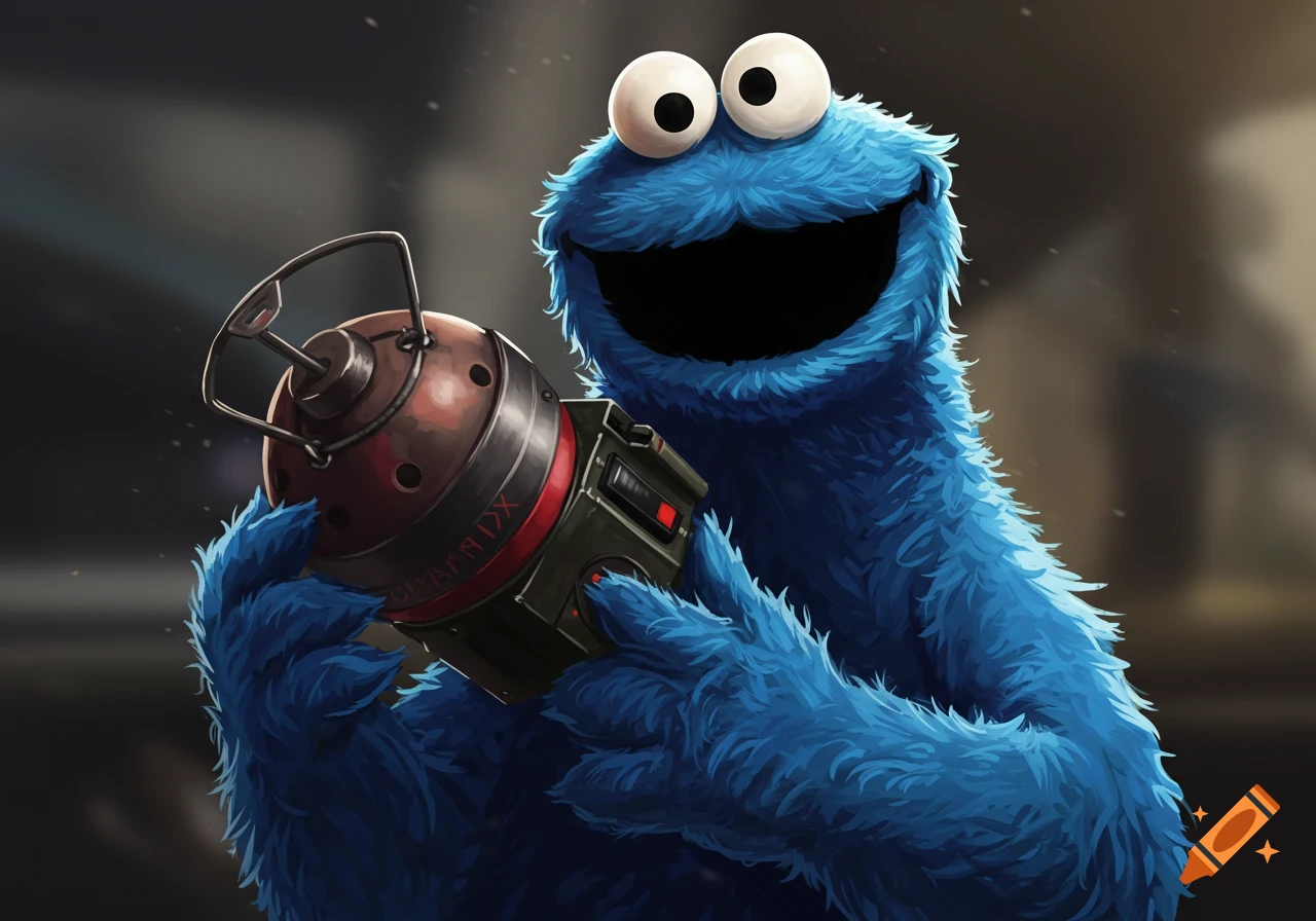 Cookie Monster holding a claymore mine in a stylized digital painting.