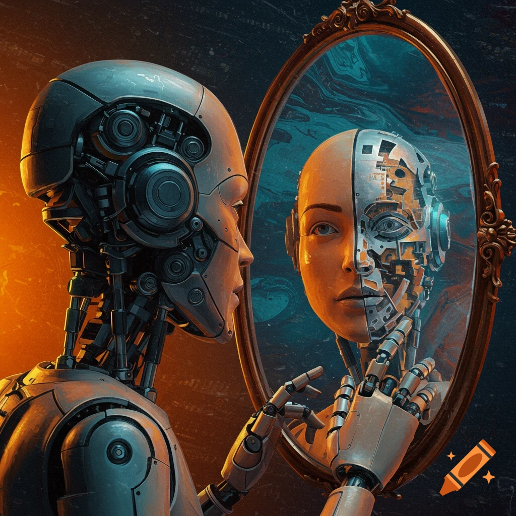 A robot looks into a mirror, seeing a reflection that is half human, half robot, in a detailed sci-fi style.