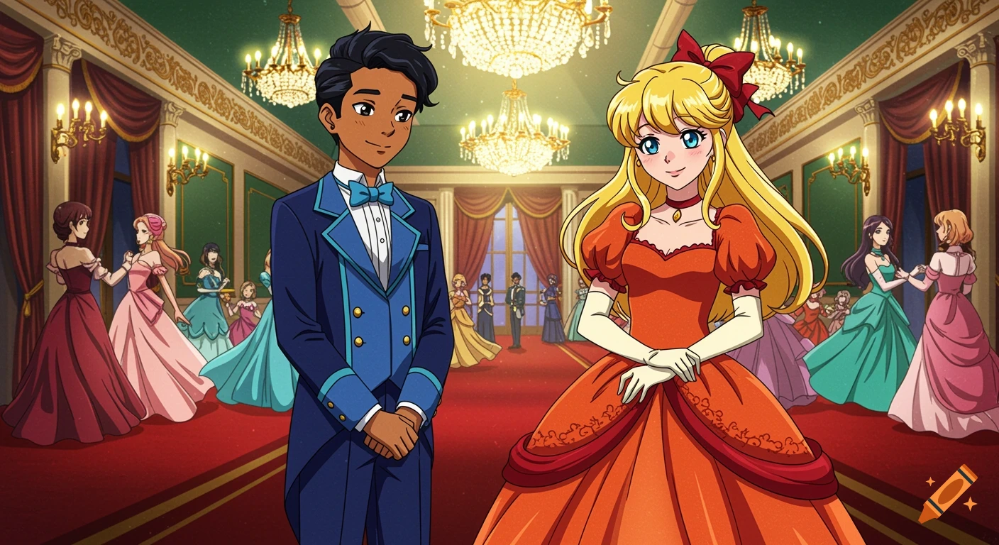 Anime illustration of a boy and girl in formal wear at a ballroom dance.