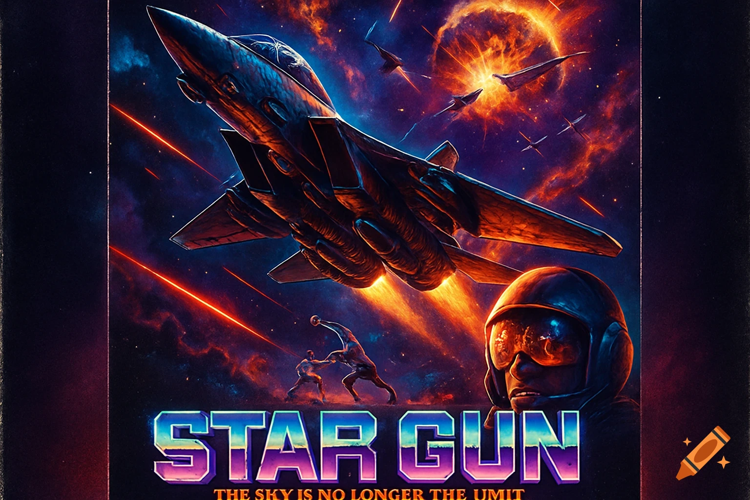 Retro 80s style movie poster featuring a fighter jet in space with explosions, a pilot, and title text.