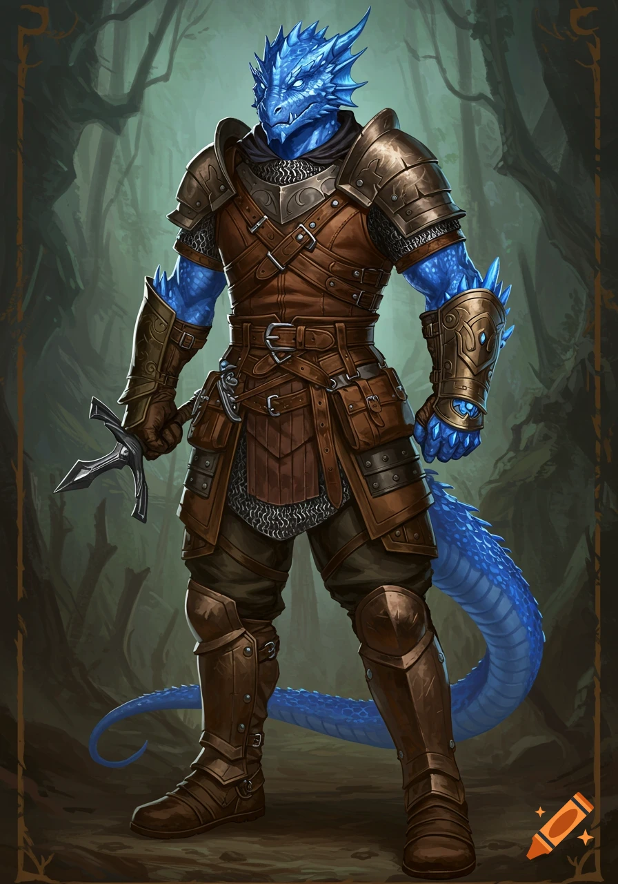 A blue dragonborn warrior in fantasy armor stands in a forest.