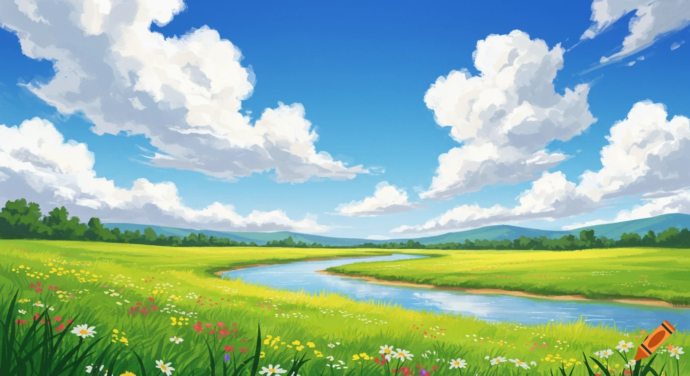 Painted summer landscape with a winding river through green fields under a cloudy blue sky.