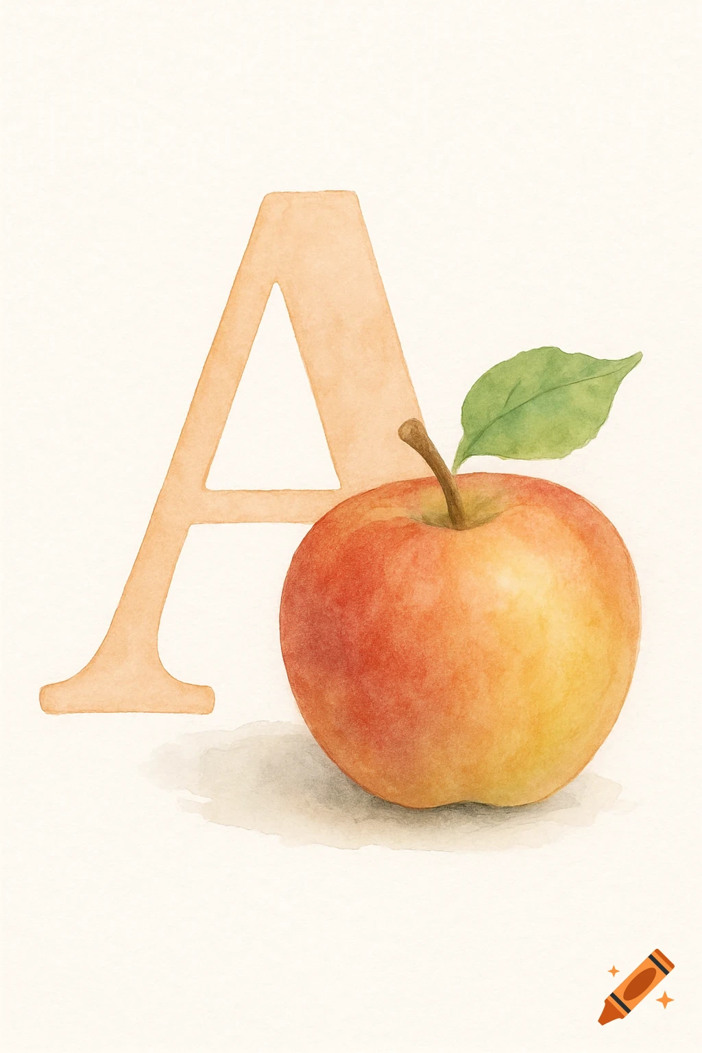 Watercolor painting of the letter A next to an apple.