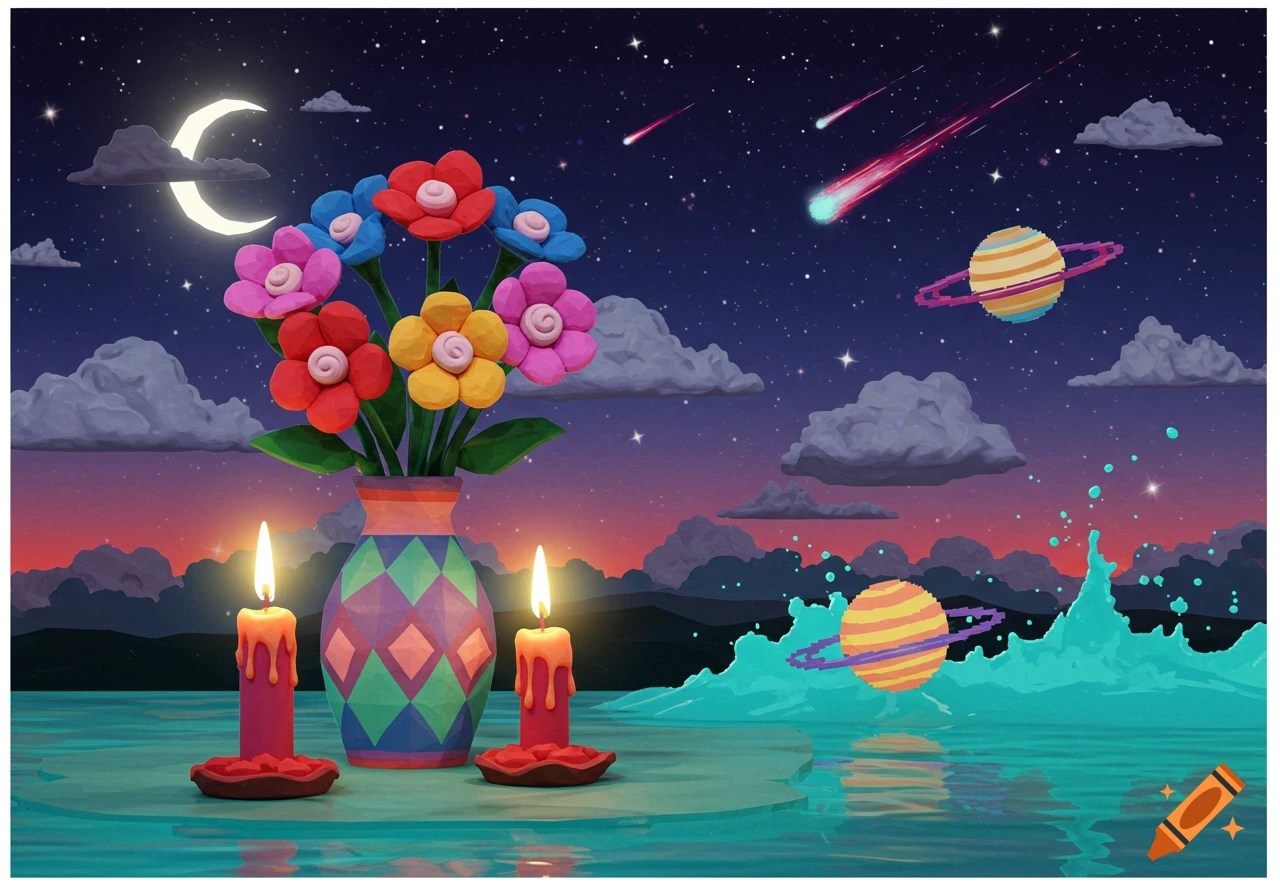 Claymation flowers and candles in front of a pixel art space landscape with moon, stars, comets, Saturn, and water.