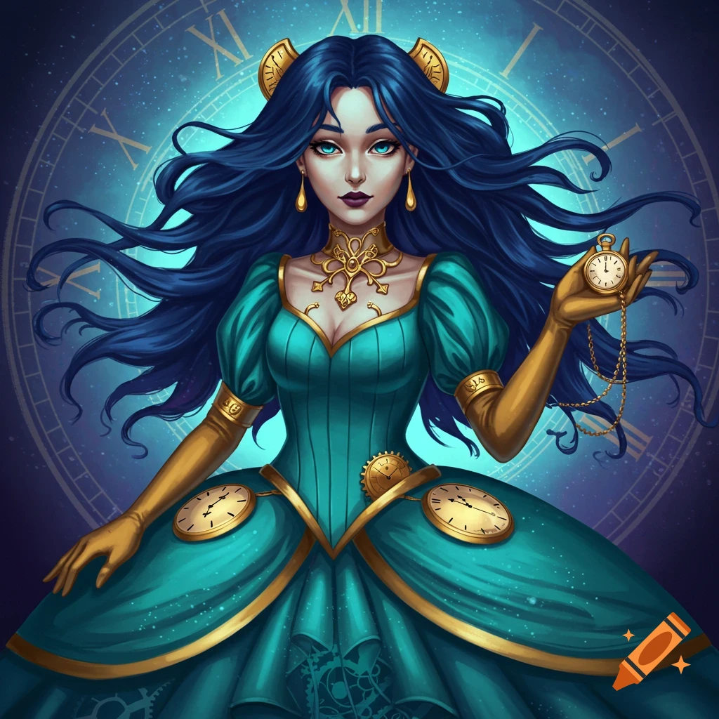 Fantasy woman with blue hair in steampunk dress holding a pocket watch, with clock faces.