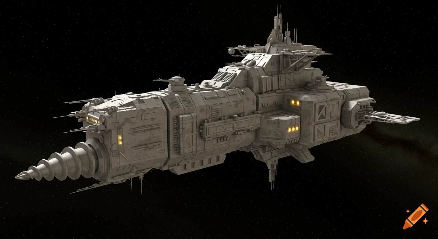 3D render of a large mining spaceship with a drill bit in space
