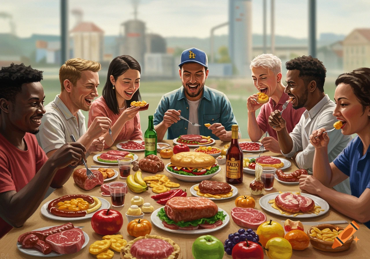 Group of diverse people happily eating a meal at a table overflowing with food.
