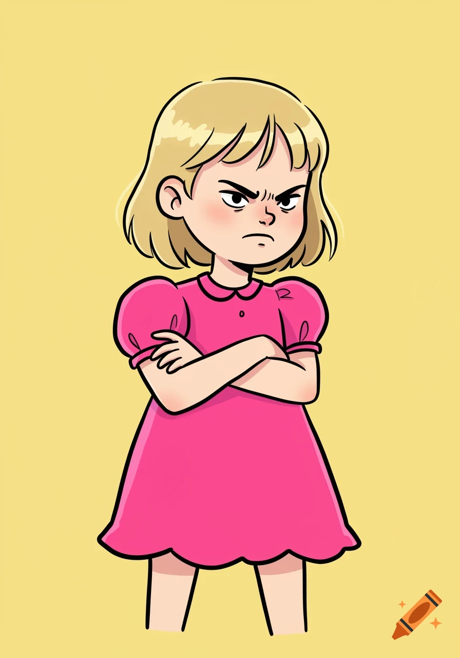 A cartoon illustration of an angry blonde girl in a pink dress with her arms crossed.