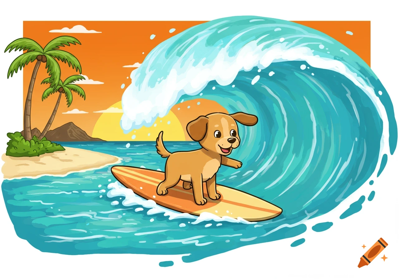 A cartoon dog surfing on a wave near a beach with palm trees at sunset