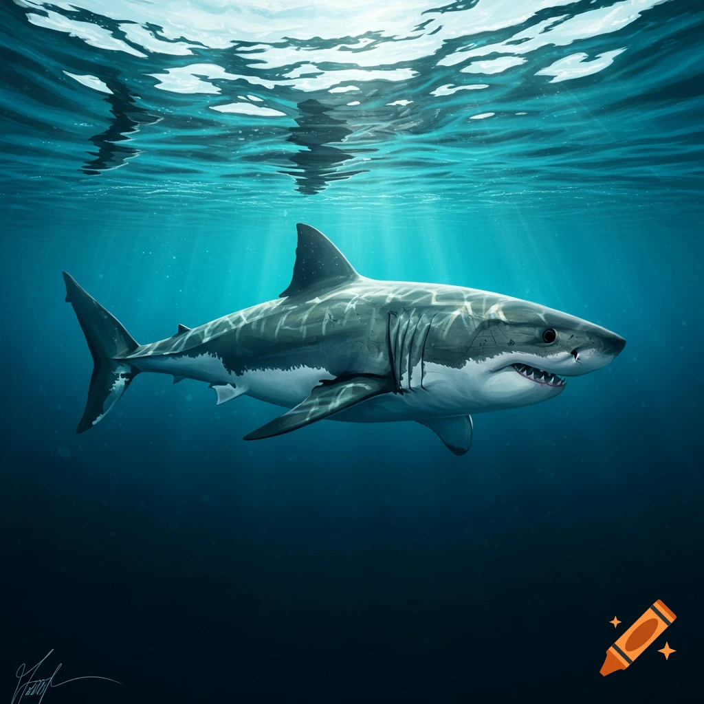 A great white shark swims beneath the surface of the ocean, sunlight streaming down.