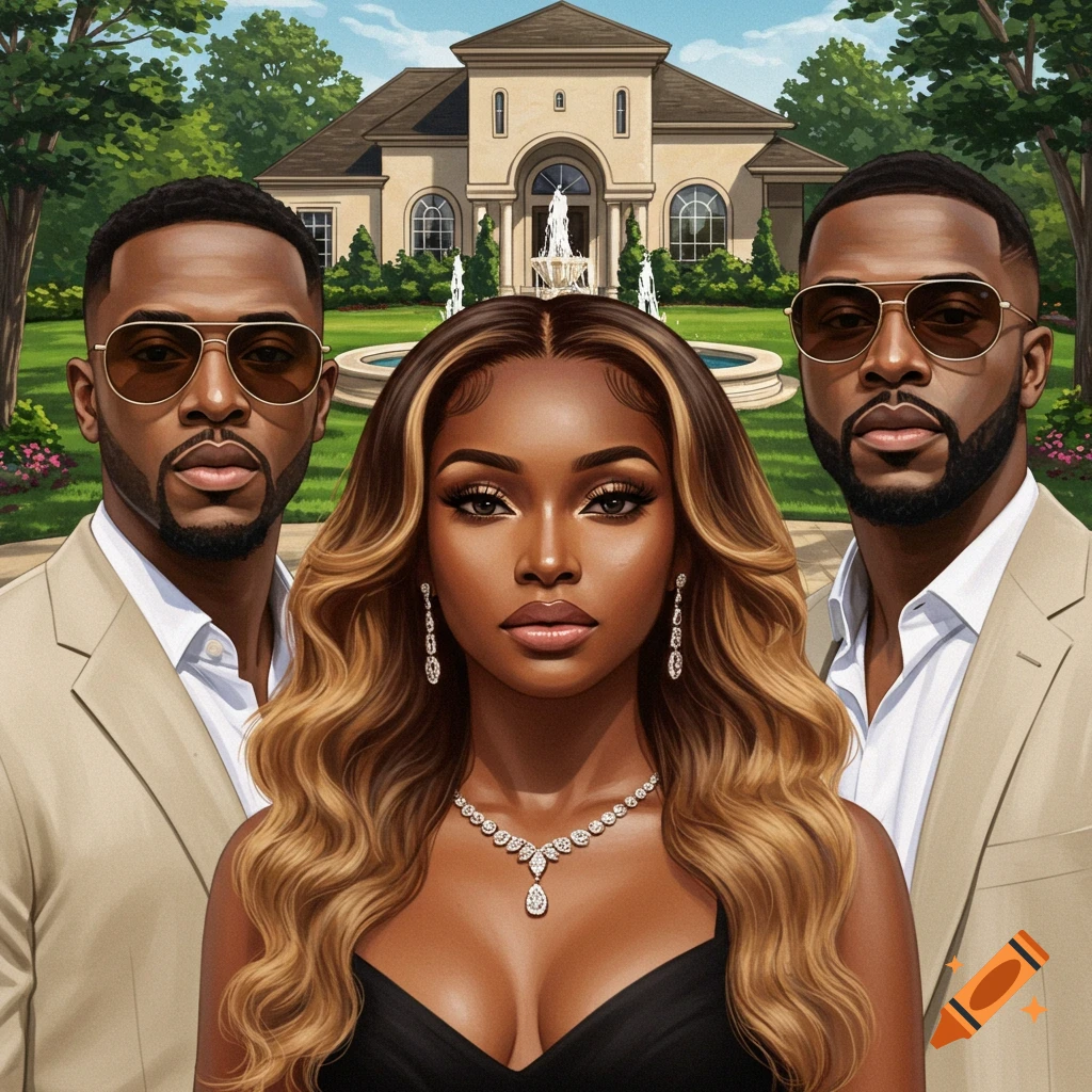 Stylish portrait of a woman and two men in elegant clothes standing in front of a luxurious mansion with a fountain.