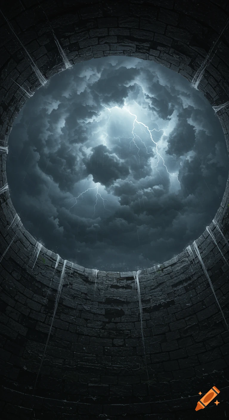 Looking up from inside a dark stone well at a stormy sky with rain and lightning.