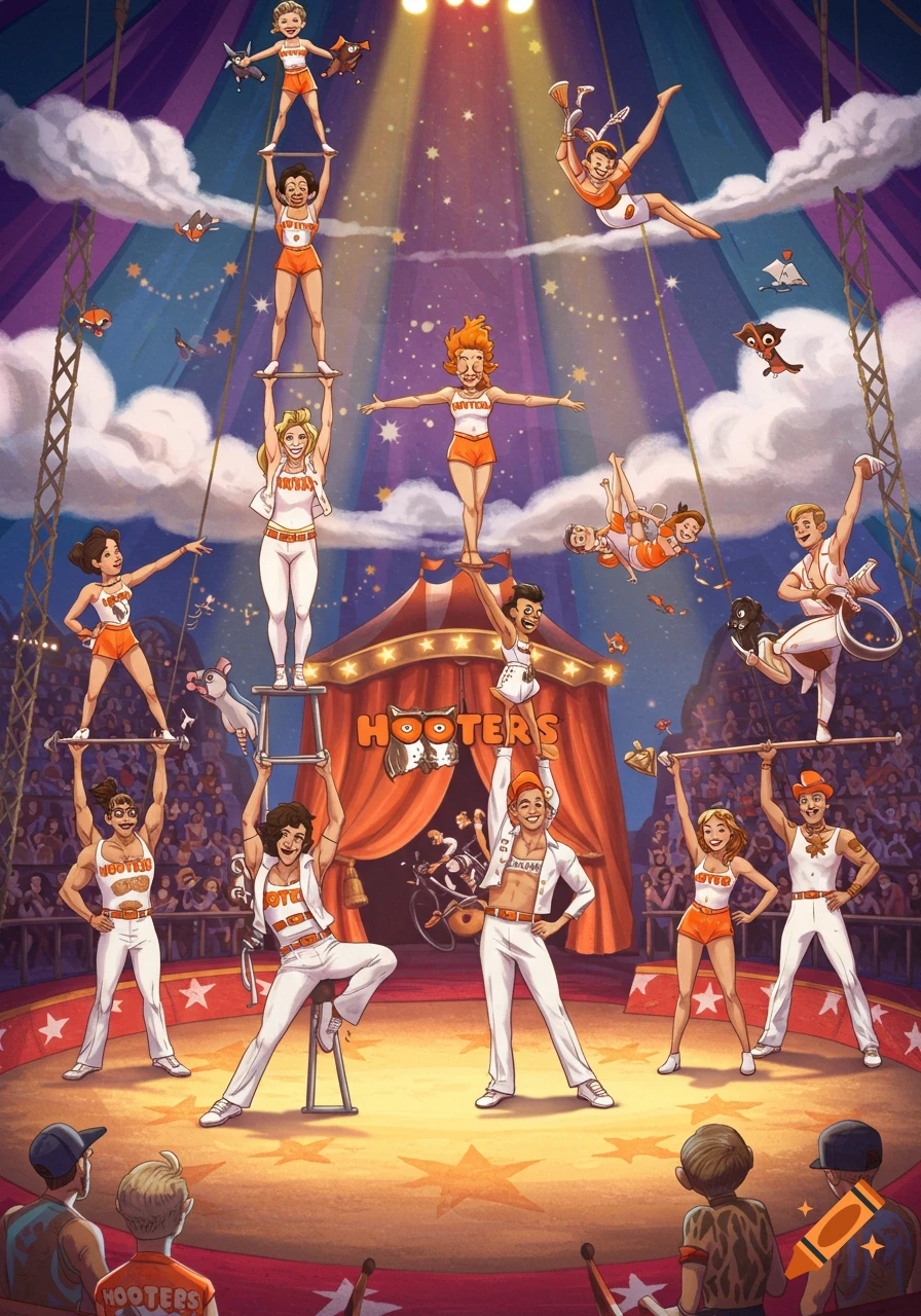 Cartoon illustration of a circus performance with performers in orange and white outfits, including a tent labeled 'Hooters'.