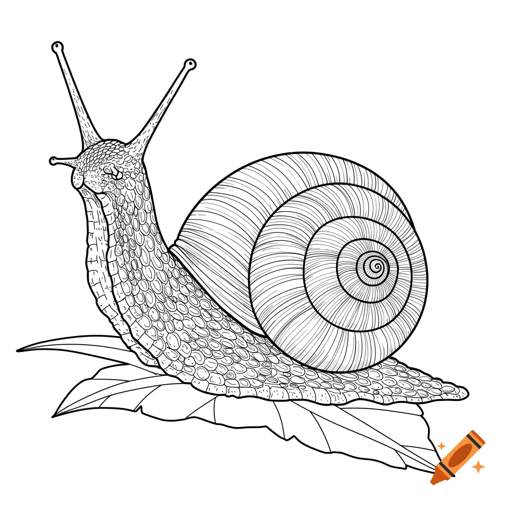 Line drawing of a snail on leaves.