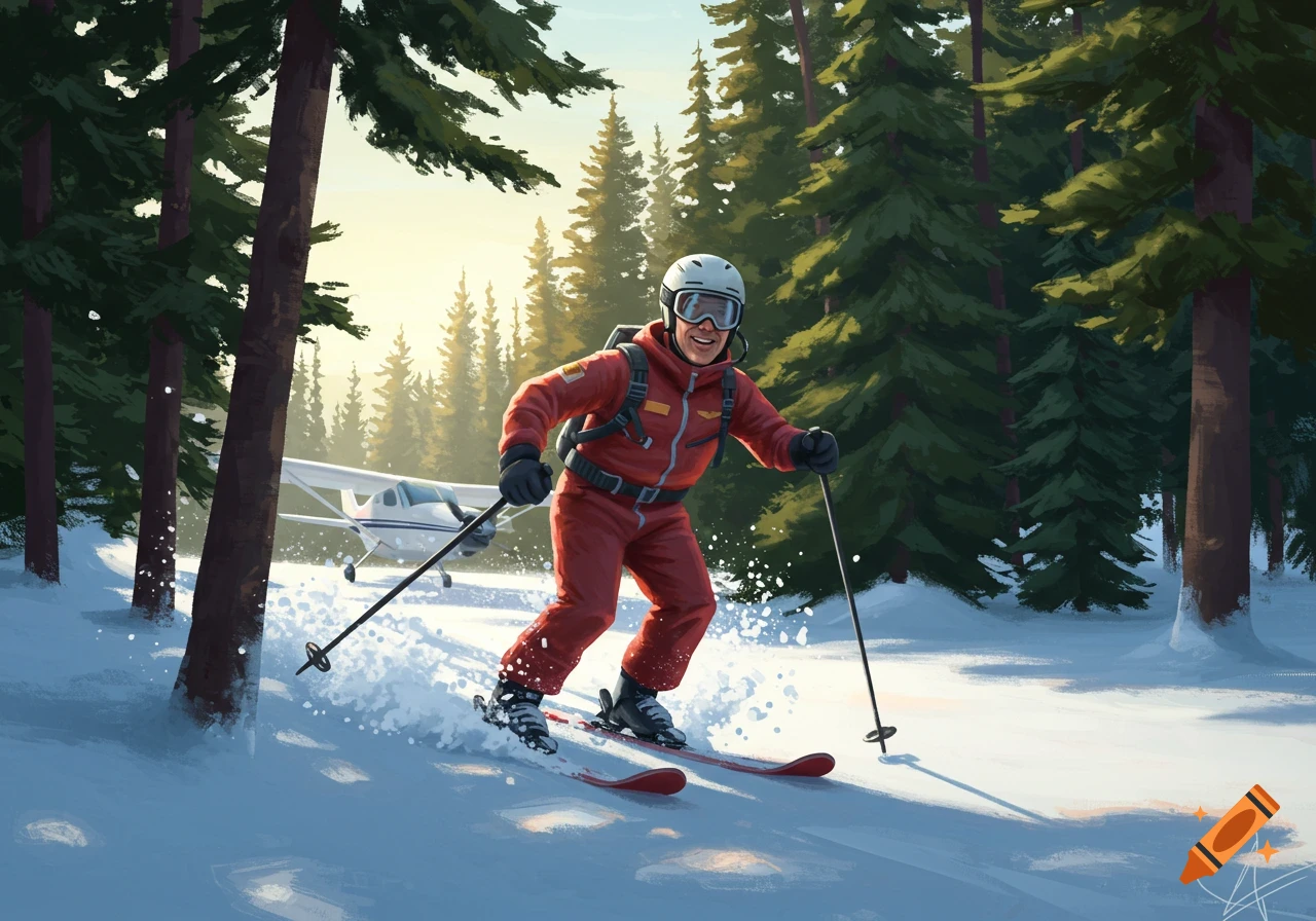 Person skiing down a snowy slope in a forest with an airplane in the background.