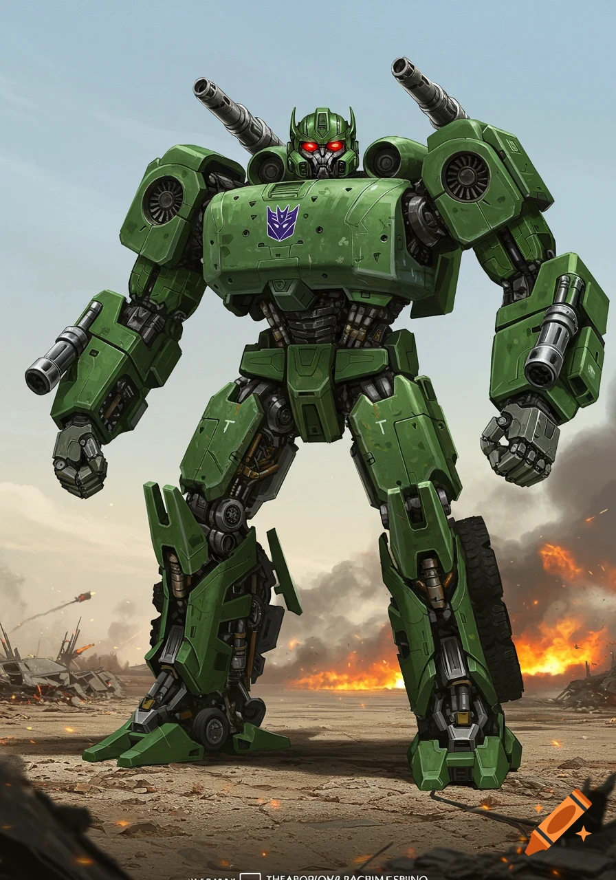 Large green robot with shoulder cannons and red eyes stands in a destroyed battlefield.