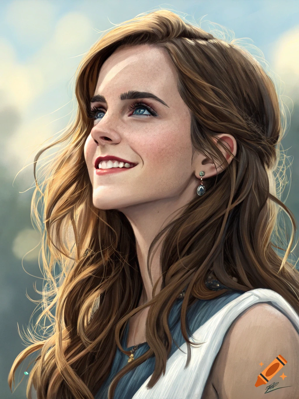 A close-up portrait of a woman with long brown hair looking up and smiling against a soft background, in a realistic digital painting style.