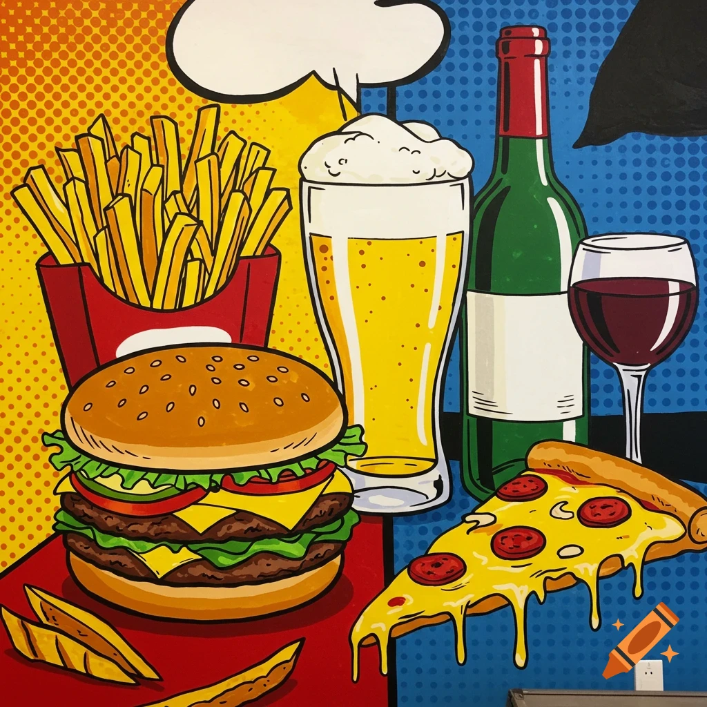Pop art illustration of a burger, fries, pizza slice, beer glass, and wine bottle with a glass.