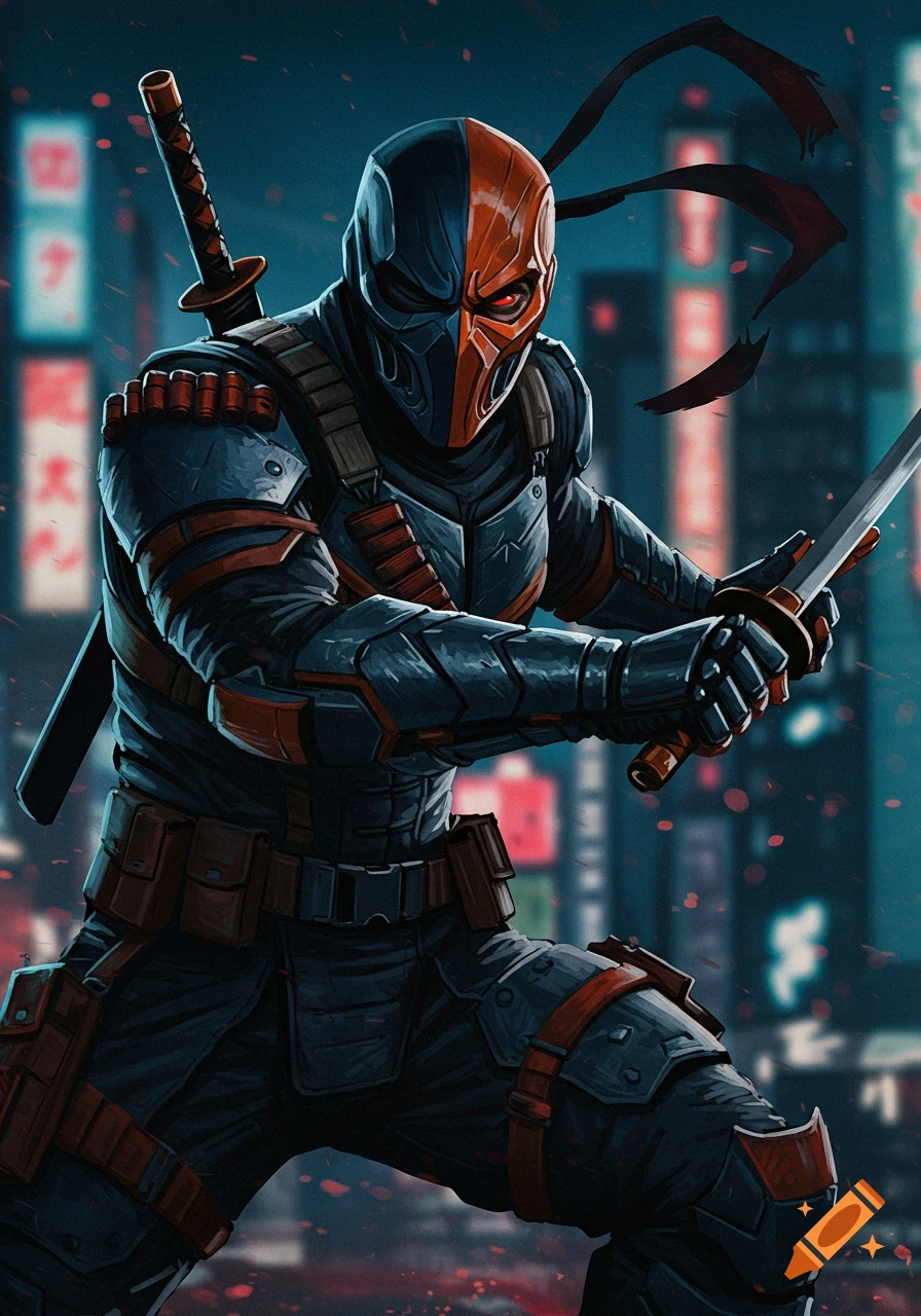 Deathstroke stands in a city at night holding two swords, digital art
