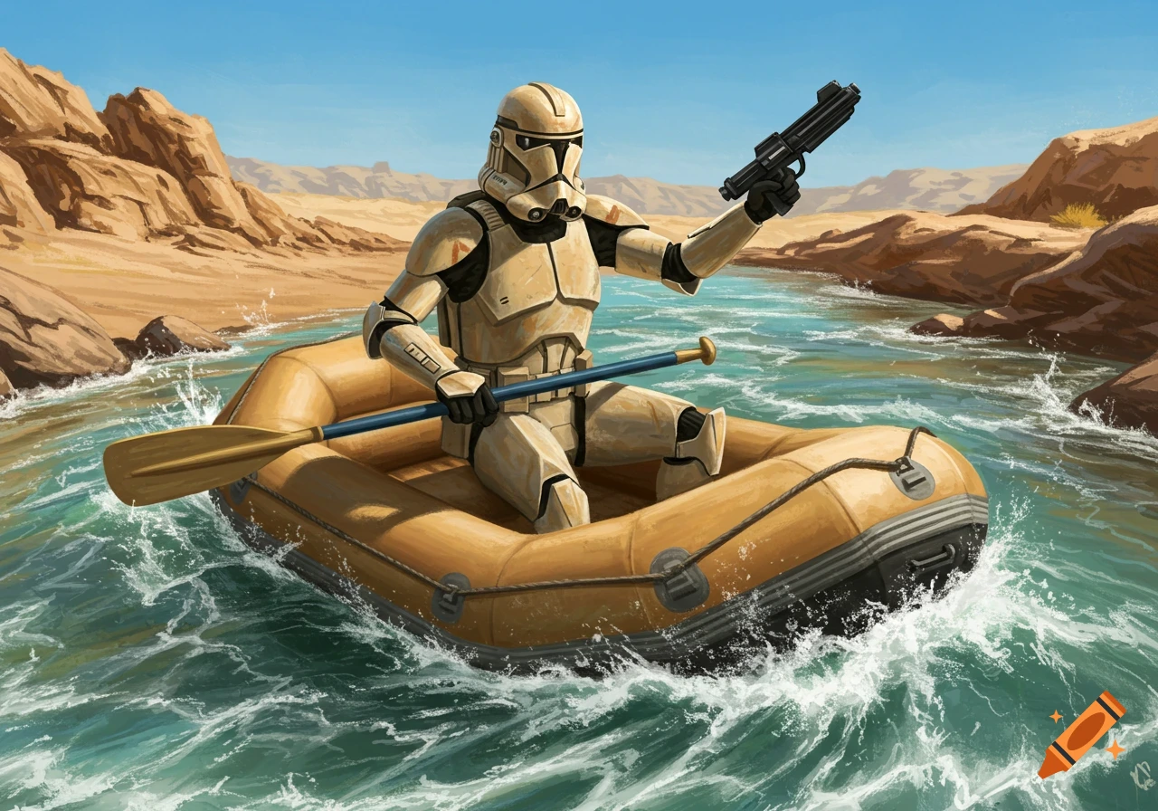 A Star Wars desert trooper white water rafts down a river in a desert landscape, illustration.