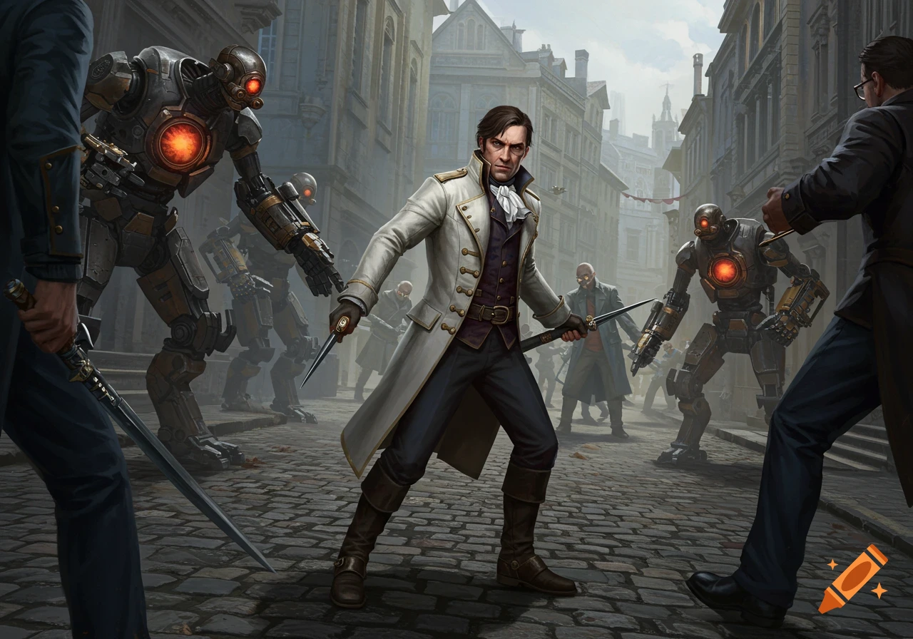 A man in a white coat fights steampunk robots in a cobblestone city street painting.