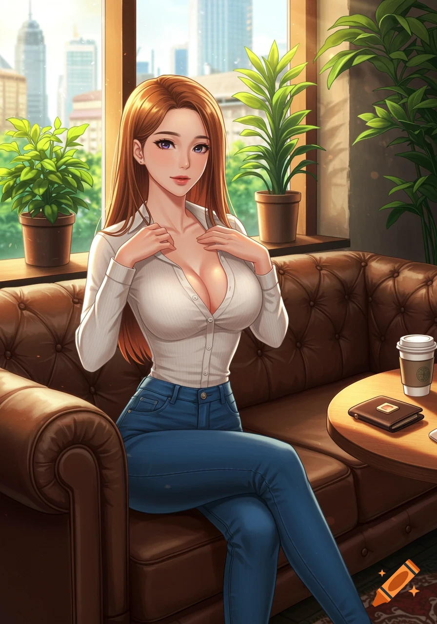 Anime illustration of a woman sitting on a couch in a cafe with a city view