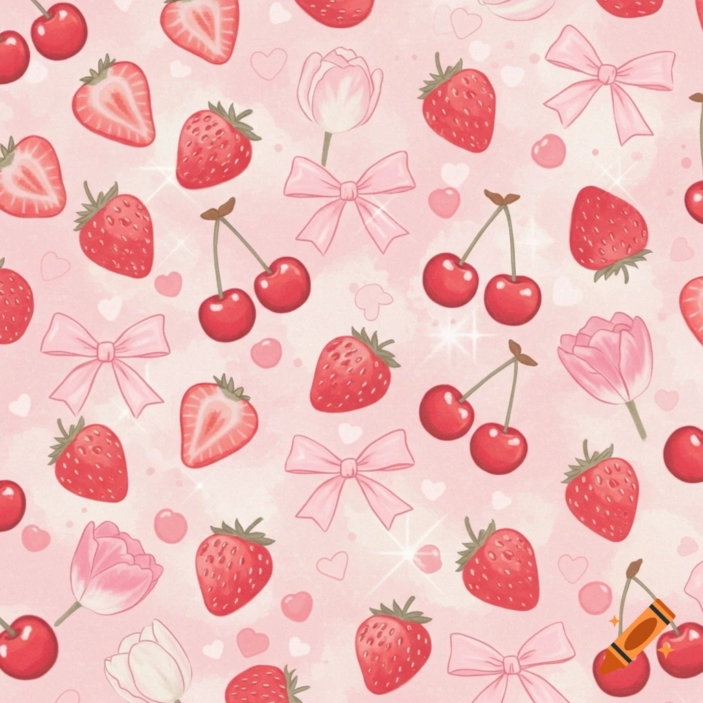 A pastel pink seamless pattern featuring strawberries, cherries, tulips, and bows.