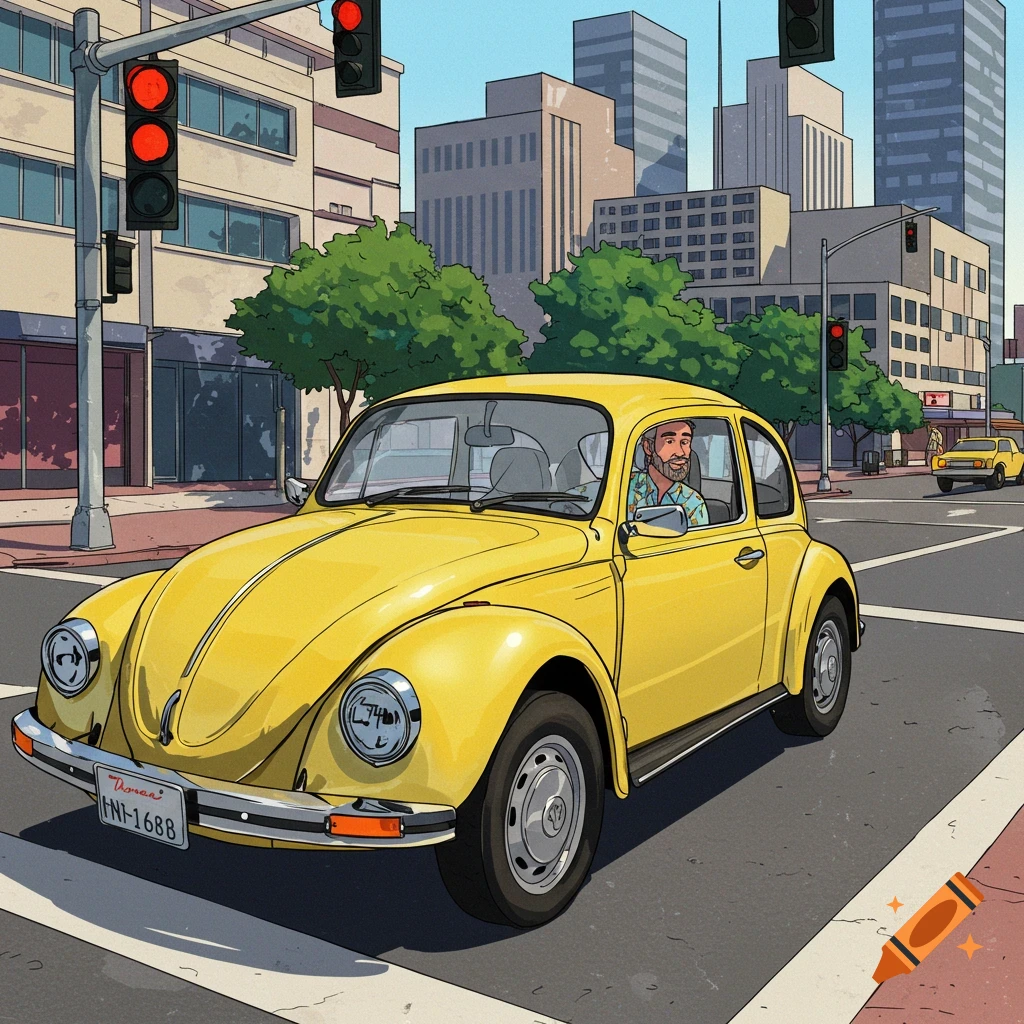 A yellow car drives in a city street towards a red traffic light.