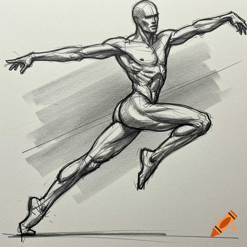Pencil sketch of a muscular male figure running or jumping.