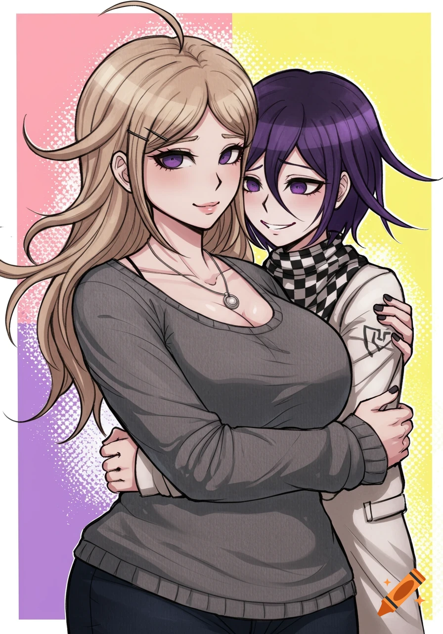 Anime style illustration of two Danganronpa characters, a woman with blonde hair and a man with purple hair, hugging.