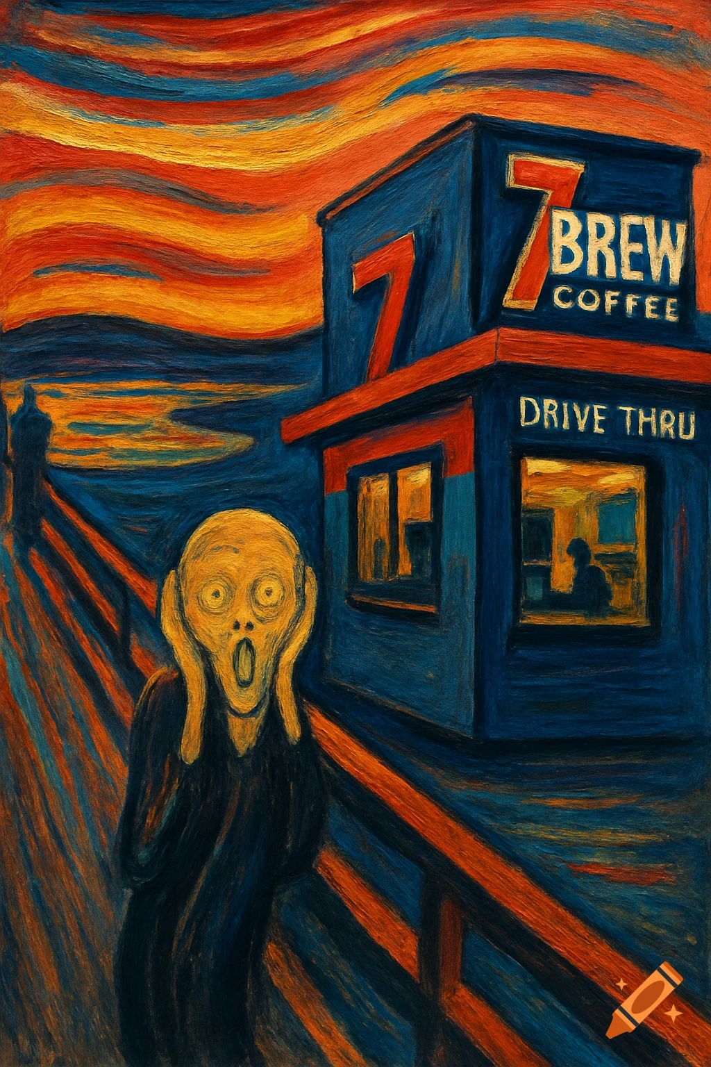 A figure screaming in 'The Scream' style stands near a 7 Brew Coffee drive-thru under a dramatic sky.
