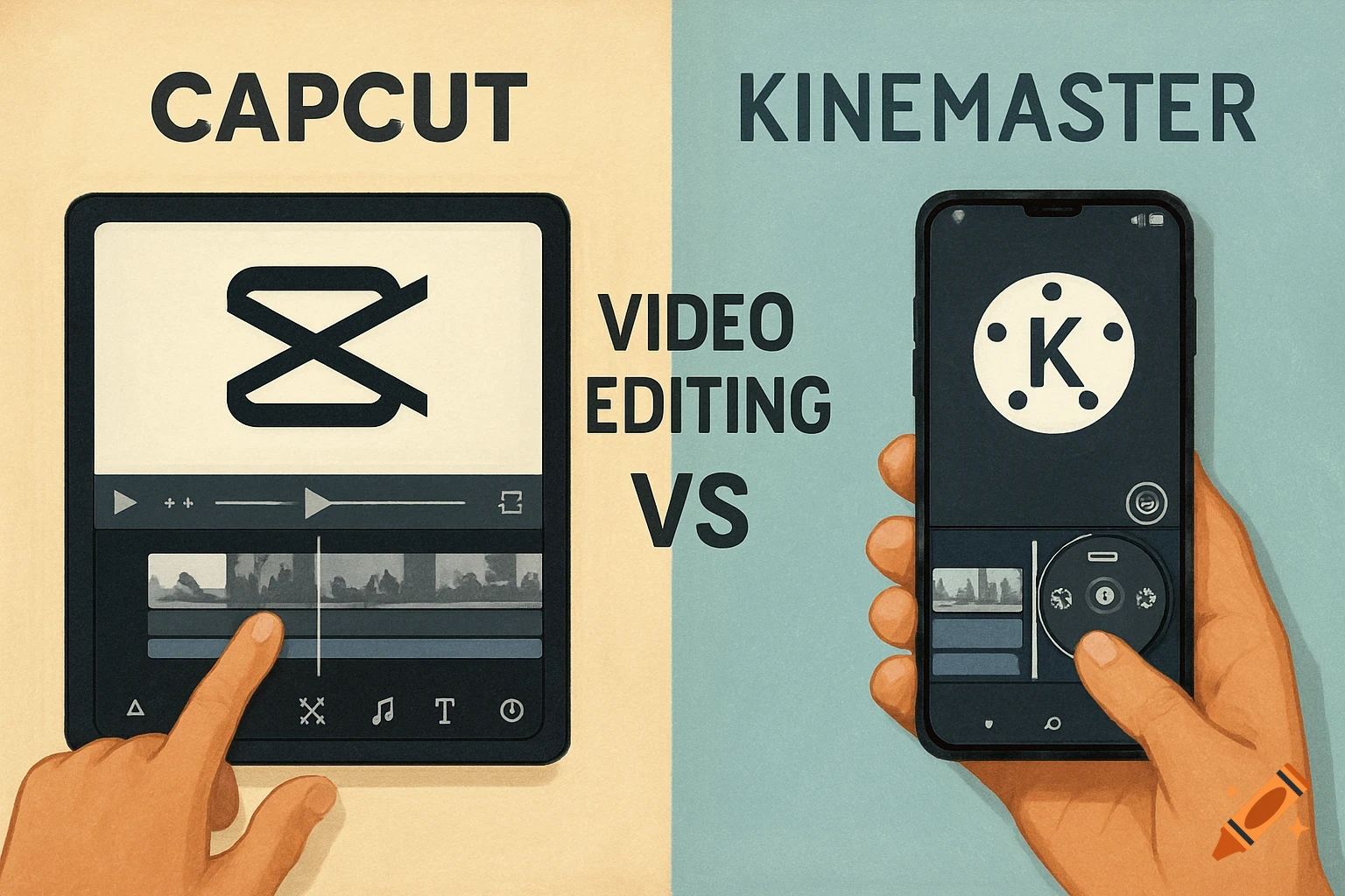 Illustration comparing CapCut on a tablet and KineMaster on a phone for video editing.