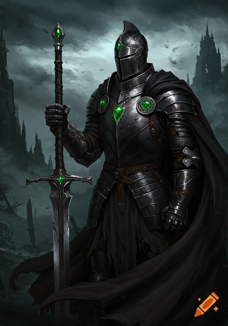 A black armored knight with green gemstones stands in a dark fantasy landscape, holding a large sword.