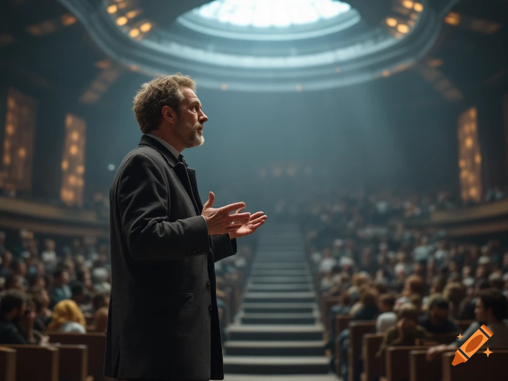 Man speaks at podium to large audience in tiered lecture hall, photorealistic style.