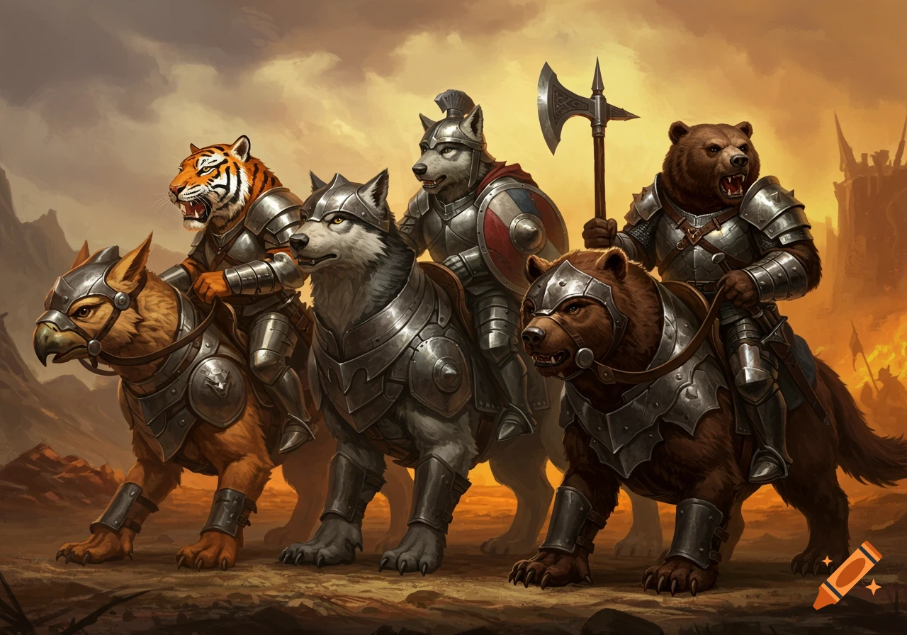 Armored anthro tiger, wolves, and bears riding armored war beasts in a fantasy battle scene.