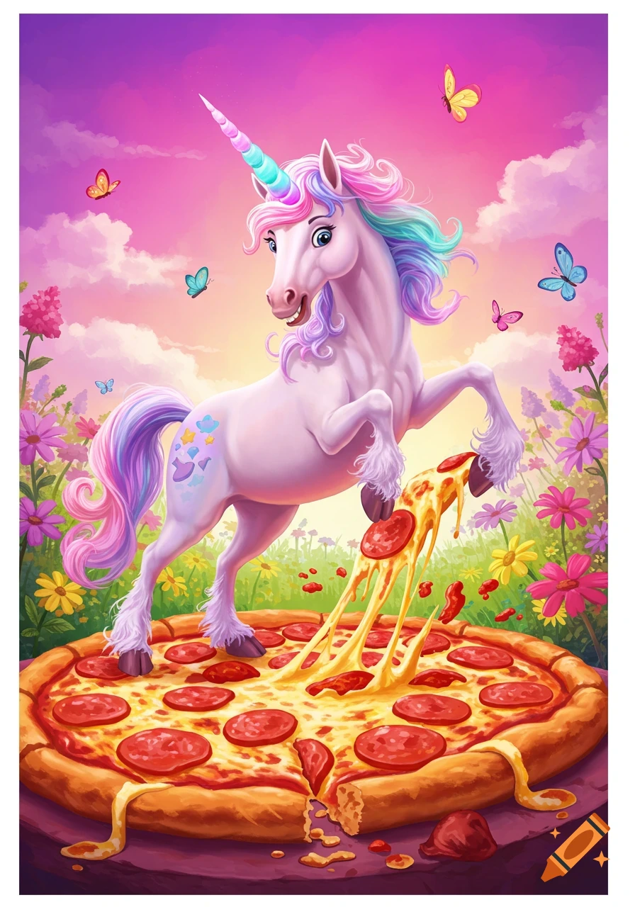 A whimsical unicorn with a rainbow mane stomps on a giant pepperoni pizza in a flower field under a colorful sky with butterflies.