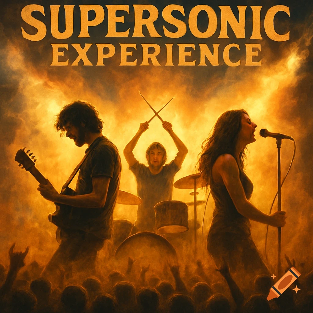 A rock band performs on stage in a smoky, golden atmosphere, with the text "SUPERSONIC EXPERIENCE" above them and a crowd in the foreground.