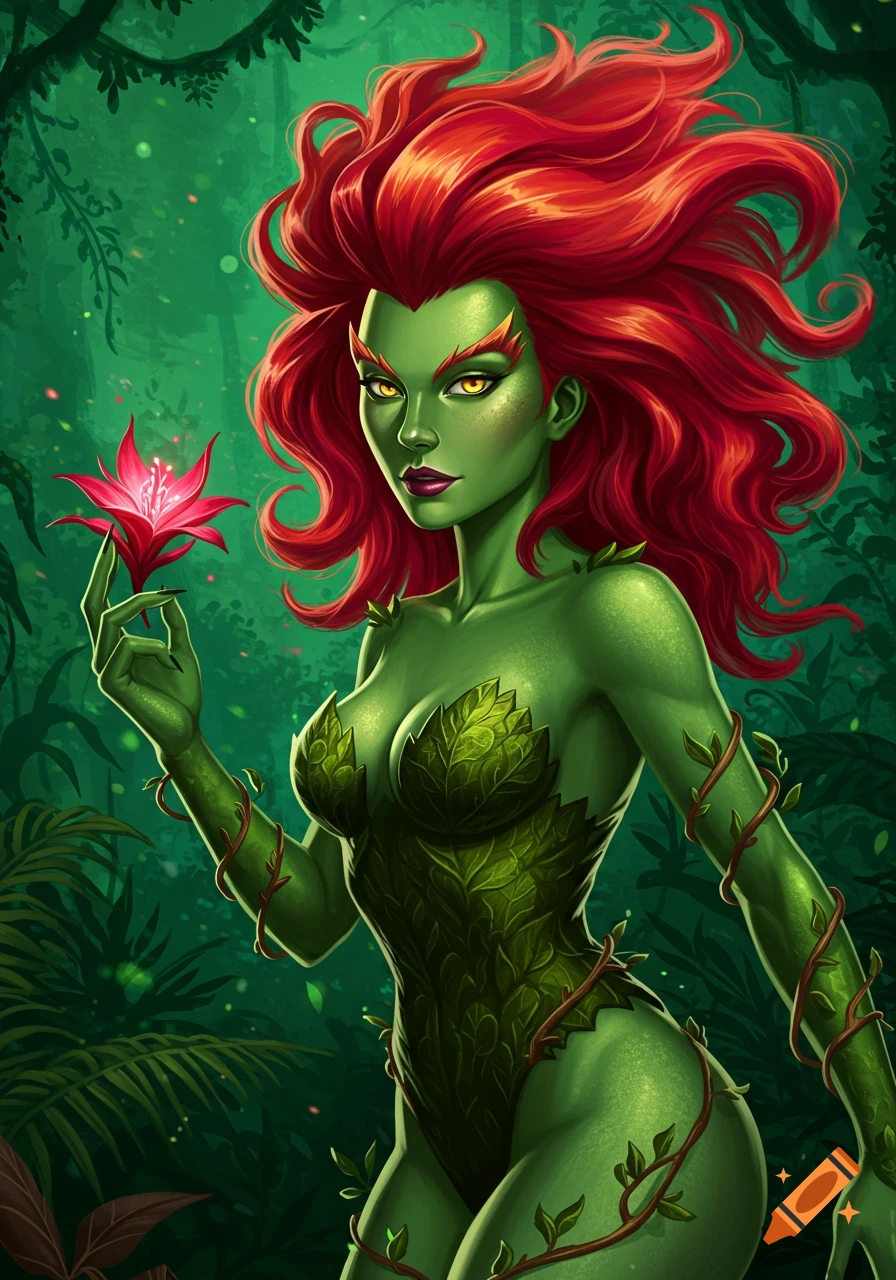 Illustration of Poison Ivy holding a red flower in a jungle.