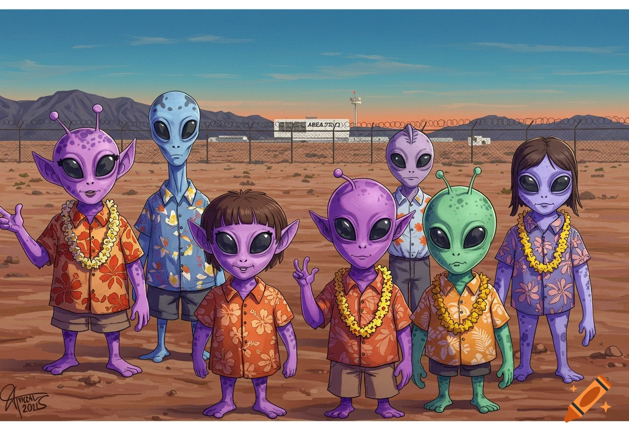 Cartoon alien tourists in Hawaiian shirts stand at Area 51