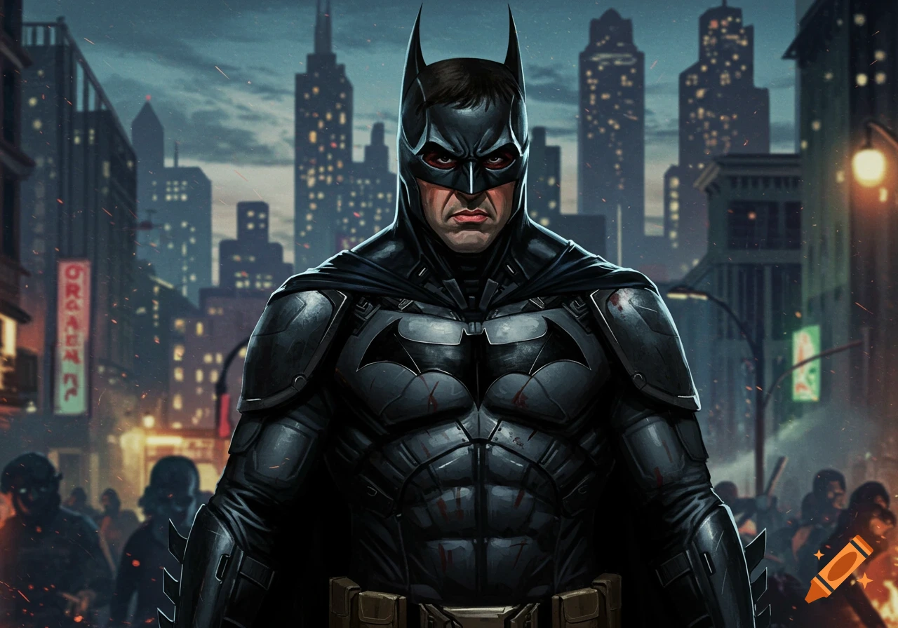 Batman in a dark armored suit stands in a city street with a crowd in the background.