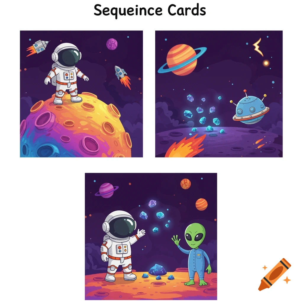 Three cartoon panels showing an astronaut exploring a colorful planet, collecting rocks, and meeting an alien.