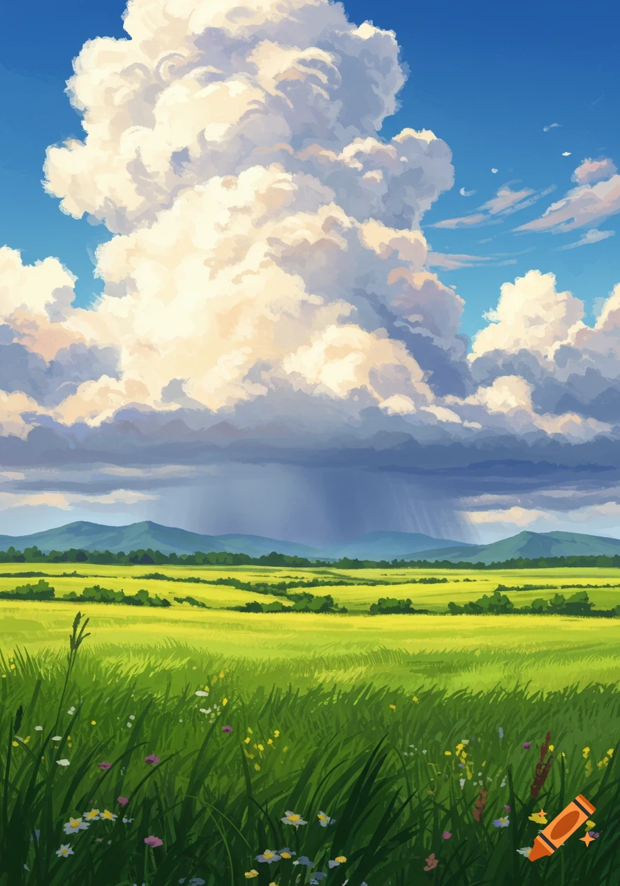 Painterly landscape with large clouds over green fields and distant hills.
