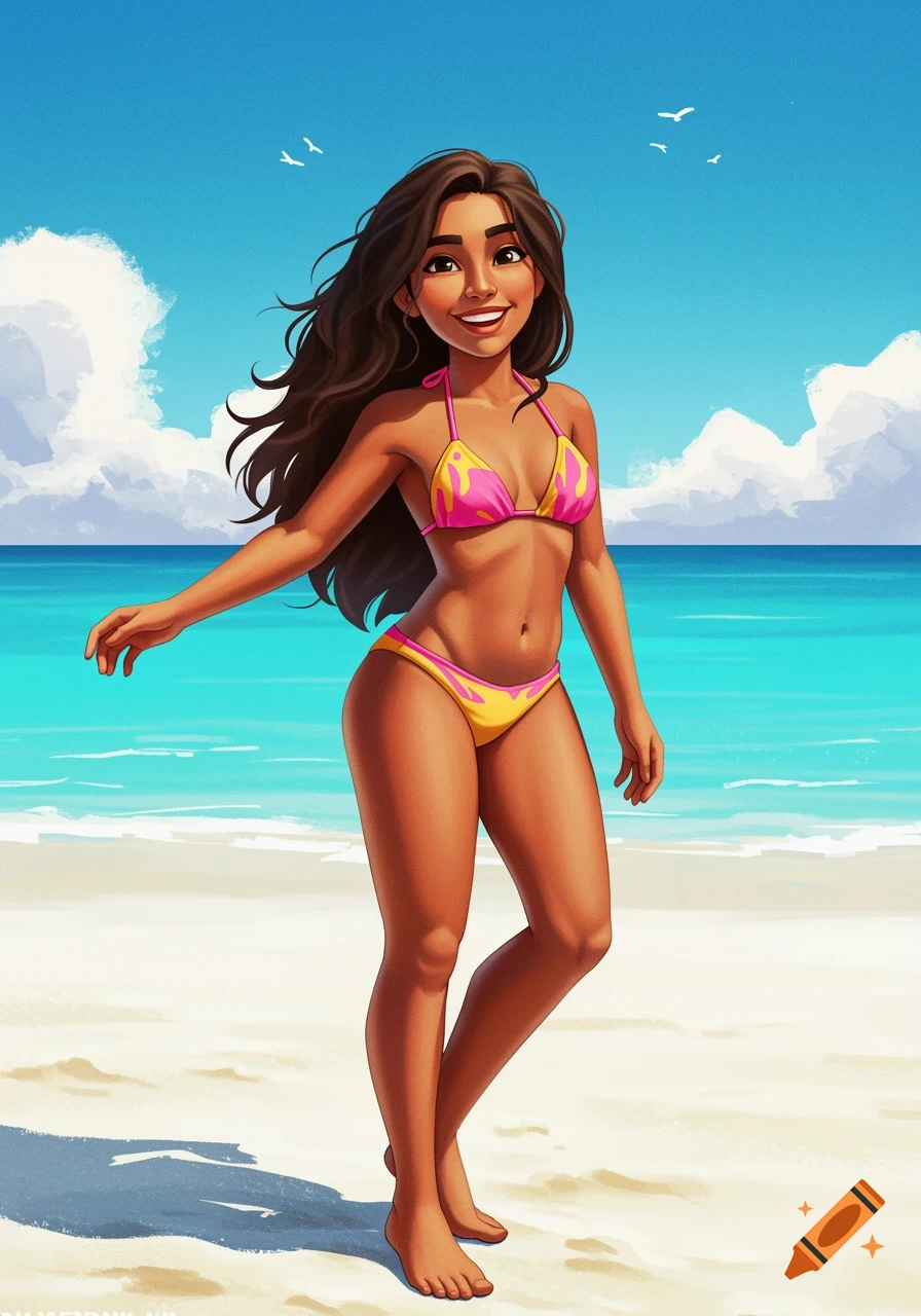 Cartoon illustration of a woman in a bikini on a beach