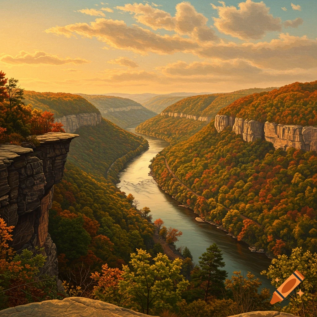 A scenic view from a cliff overlooking a river winding through an autumn gorge. Painted style.
