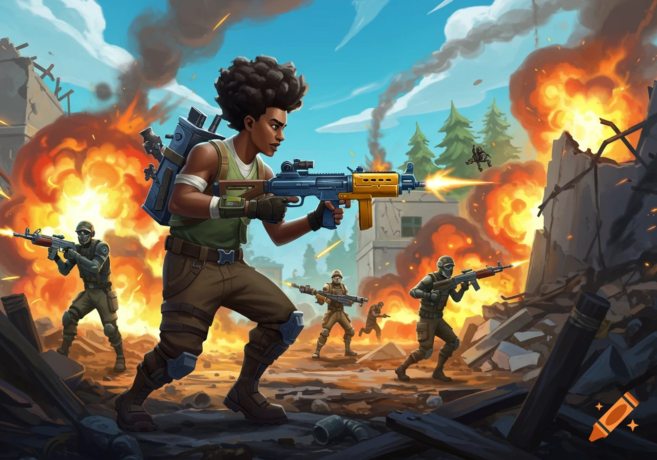 Fortnite-style soldiers fight in a warzone with explosions and rubble.