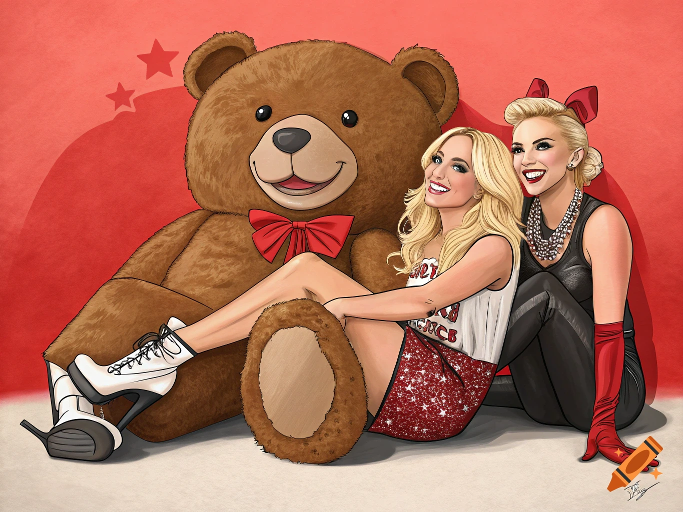 Cartoon illustration of two women sitting with a giant teddy bear on a red background.