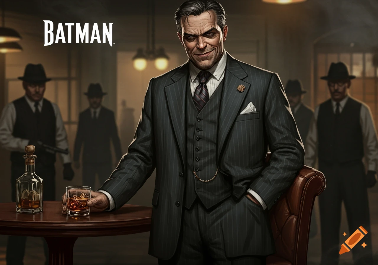 Illustration of a man in a suit as a mob boss, holding a drink, with henchmen in the background. BATMAN logo.